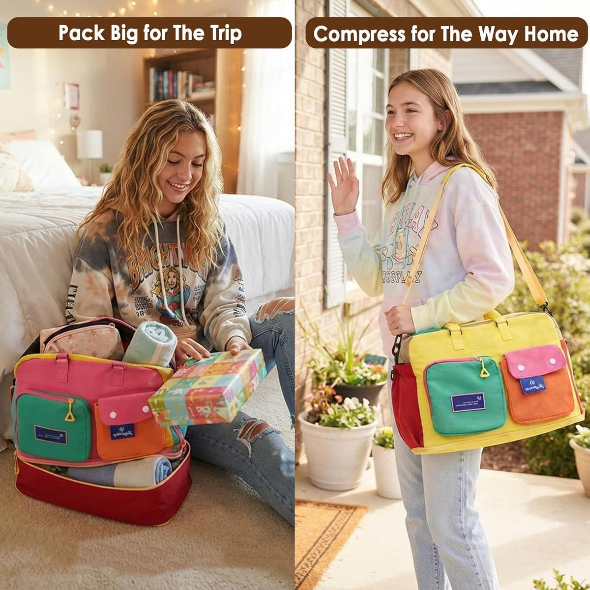 Expandable Block-Color Carry-on Travel Tote Bag with Shoe & Wet Pocket | Weekender with Luggage Sleeve, Under the Seat Personal Item Bag, Dopamine Color, Multiple Pockets, Duffle with Cup Holder