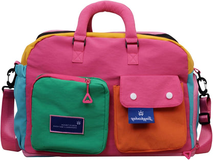 Expandable Block-Color Carry-on Travel Tote Bag with Shoe & Wet Pocket | Weekender with Luggage Sleeve, Under the Seat Personal Item Bag, Dopamine Color, Multiple Pockets, Duffle with Cup Holder