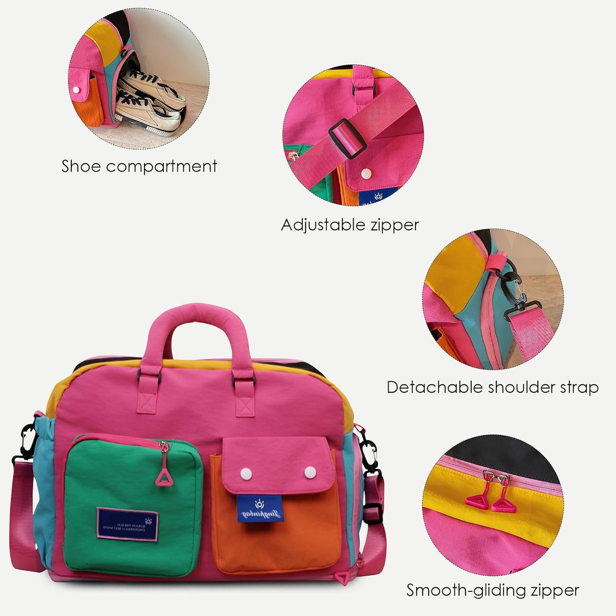 Expandable Block-Color Carry-on Travel Tote Bag with Shoe & Wet Pocket | Weekender with Luggage Sleeve, Under the Seat Personal Item Bag, Dopamine Color, Multiple Pockets, Duffle with Cup Holder