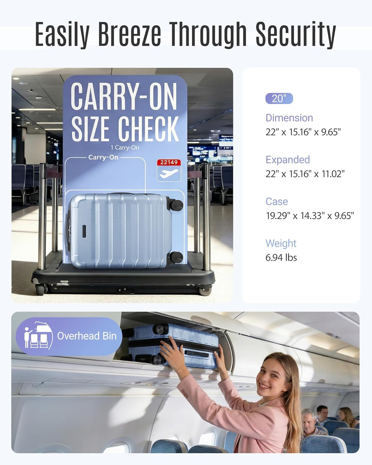 Carry On Luggage 22x14x9 Airline Approved, Expandable Carry On Suitcases with Wheels, Lightweight Luggage, Durable Hard Shell 20 Inch Rolling Suit Case for Men Women Travel,Royal Blue