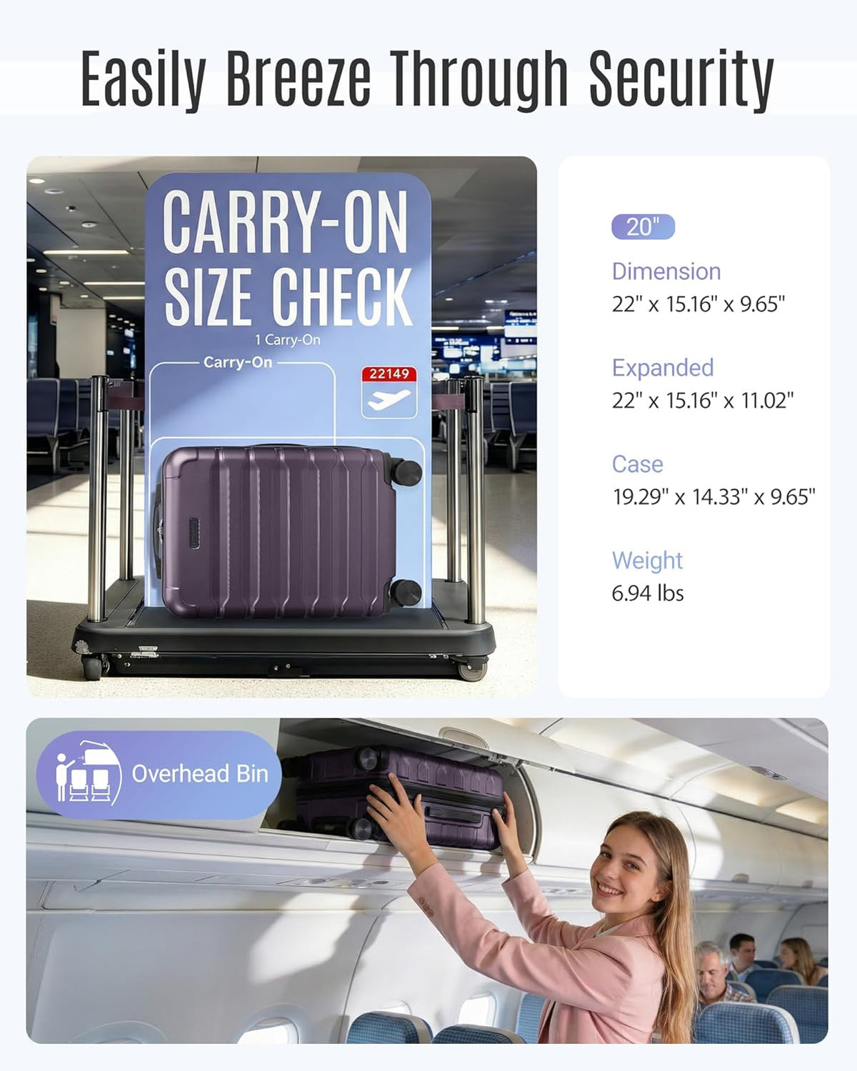 Carry On Luggage 22x14x9 Airline Approved, Expandable Carry On Suitcases with Wheels, Lightweight Luggage, Durable Hard Shell 20 Inch Rolling Suit Case for Men Women Travel,Royal Blue