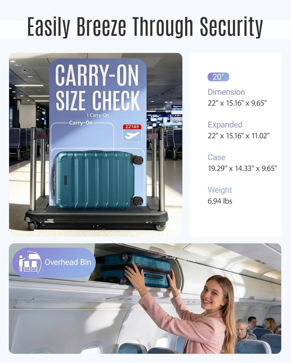 Carry On Luggage 22x14x9 Airline Approved, Expandable Carry On Suitcases with Wheels, Lightweight Luggage, Durable Hard Shell 20 Inch Rolling Suit Case for Men Women Travel,Royal Blue