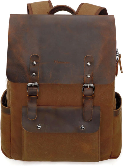 Waxed Canvas Backpack, Leather Rucksack Knapsack for Men Woman Satchel Backpack, Vintage Travel Laptop Backpack 15.6 Inch Retro Flap Backpacks Canvas Casual Daypack Purple