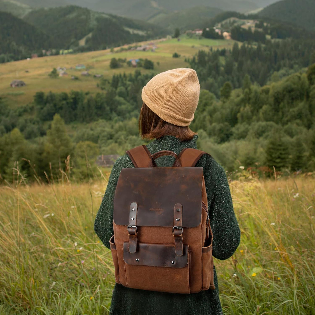 Waxed Canvas Backpack, Leather Rucksack Knapsack for Men Woman Satchel Backpack, Vintage Travel Laptop Backpack 15.6 Inch Retro Flap Backpacks Canvas Casual Daypack Purple