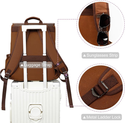 Waxed Canvas Backpack, Leather Rucksack Knapsack for Men Woman Satchel Backpack, Vintage Travel Laptop Backpack 15.6 Inch Retro Flap Backpacks Canvas Casual Daypack Purple