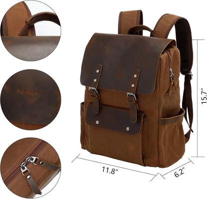 Waxed Canvas Backpack, Leather Rucksack Knapsack for Men Woman Satchel Backpack, Vintage Travel Laptop Backpack 15.6 Inch Retro Flap Backpacks Canvas Casual Daypack Purple
