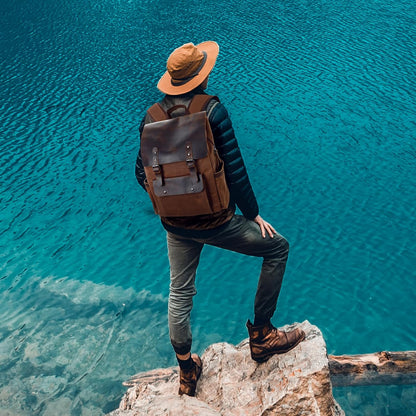 Waxed Canvas Backpack, Leather Rucksack Knapsack for Men Woman Satchel Backpack, Vintage Travel Laptop Backpack 15.6 Inch Retro Flap Backpacks Canvas Casual Daypack Purple