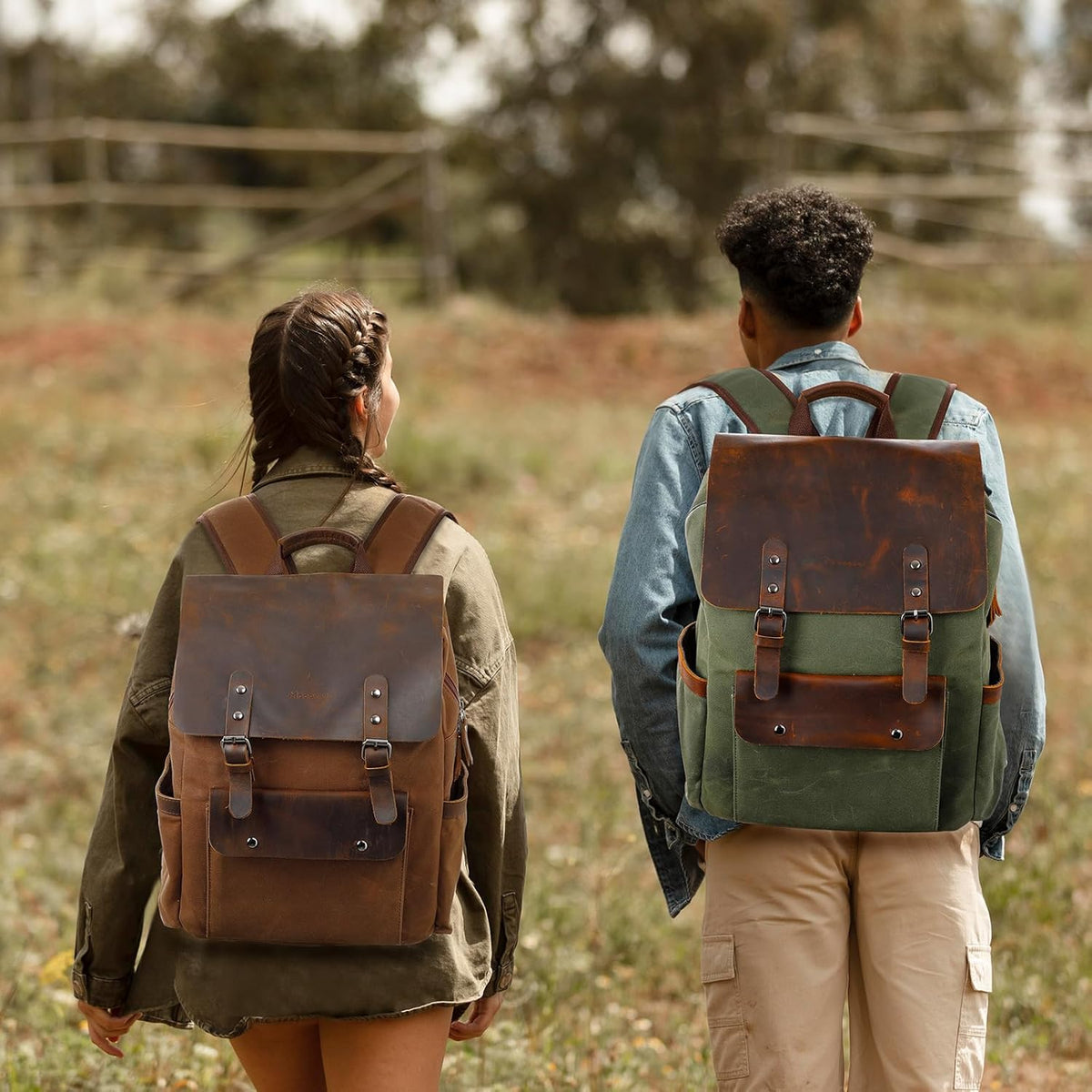 Waxed Canvas Backpack, Leather Rucksack Knapsack for Men Woman Satchel Backpack, Vintage Travel Laptop Backpack 15.6 Inch Retro Flap Backpacks Canvas Casual Daypack Purple