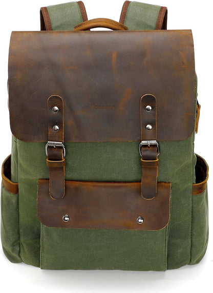 Waxed Canvas Backpack, Leather Rucksack Knapsack for Men Woman Satchel Backpack, Vintage Travel Laptop Backpack 15.6 Inch Retro Flap Backpacks Canvas Casual Daypack Purple