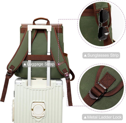 Waxed Canvas Backpack, Leather Rucksack Knapsack for Men Woman Satchel Backpack, Vintage Travel Laptop Backpack 15.6 Inch Retro Flap Backpacks Canvas Casual Daypack Purple