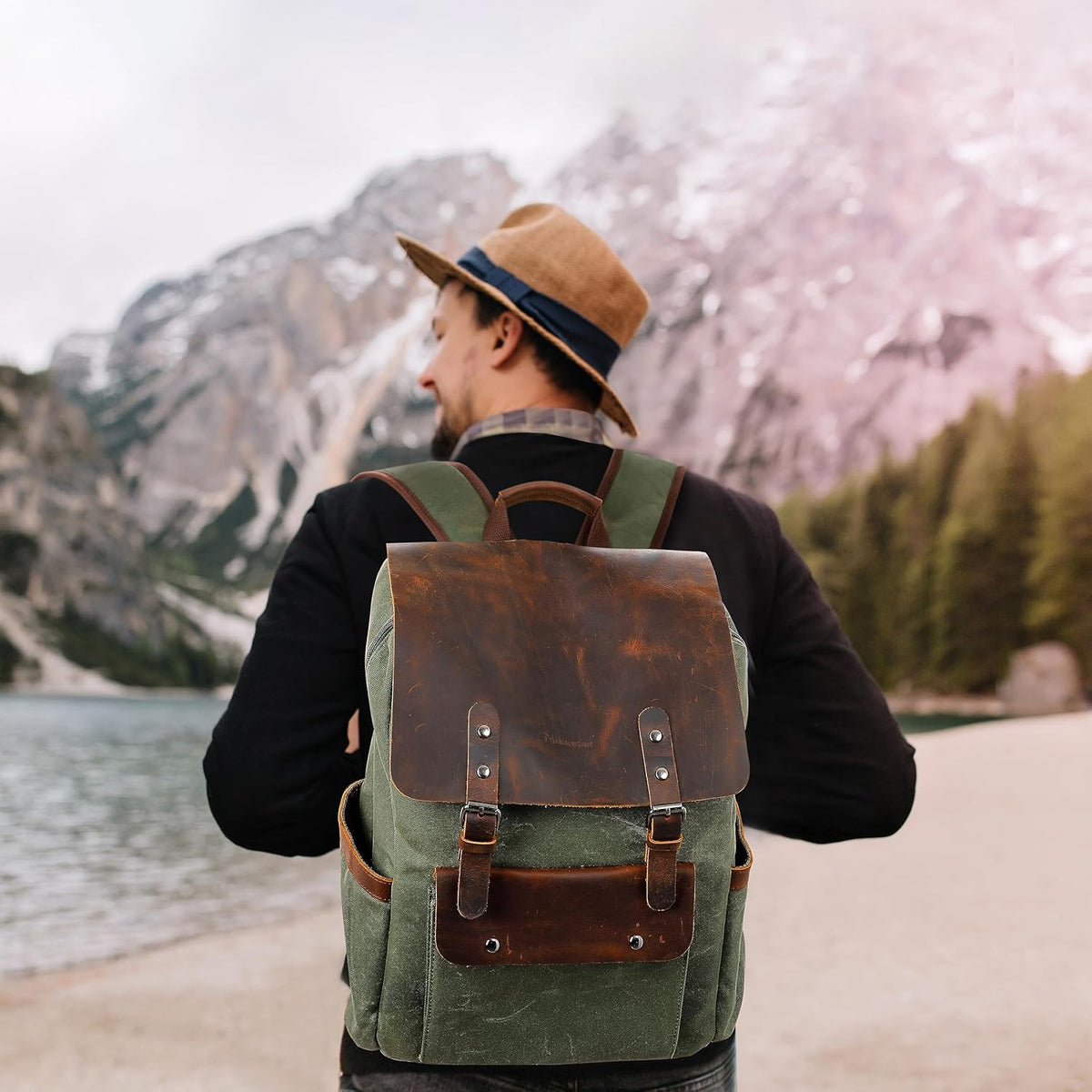 Waxed Canvas Backpack, Leather Rucksack Knapsack for Men Woman Satchel Backpack, Vintage Travel Laptop Backpack 15.6 Inch Retro Flap Backpacks Canvas Casual Daypack Purple