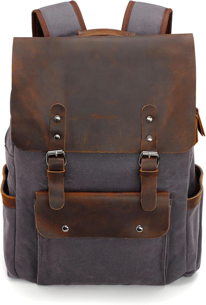 Waxed Canvas Backpack, Leather Rucksack Knapsack for Men Woman Satchel Backpack, Vintage Travel Laptop Backpack 15.6 Inch Retro Flap Backpacks Canvas Casual Daypack Purple