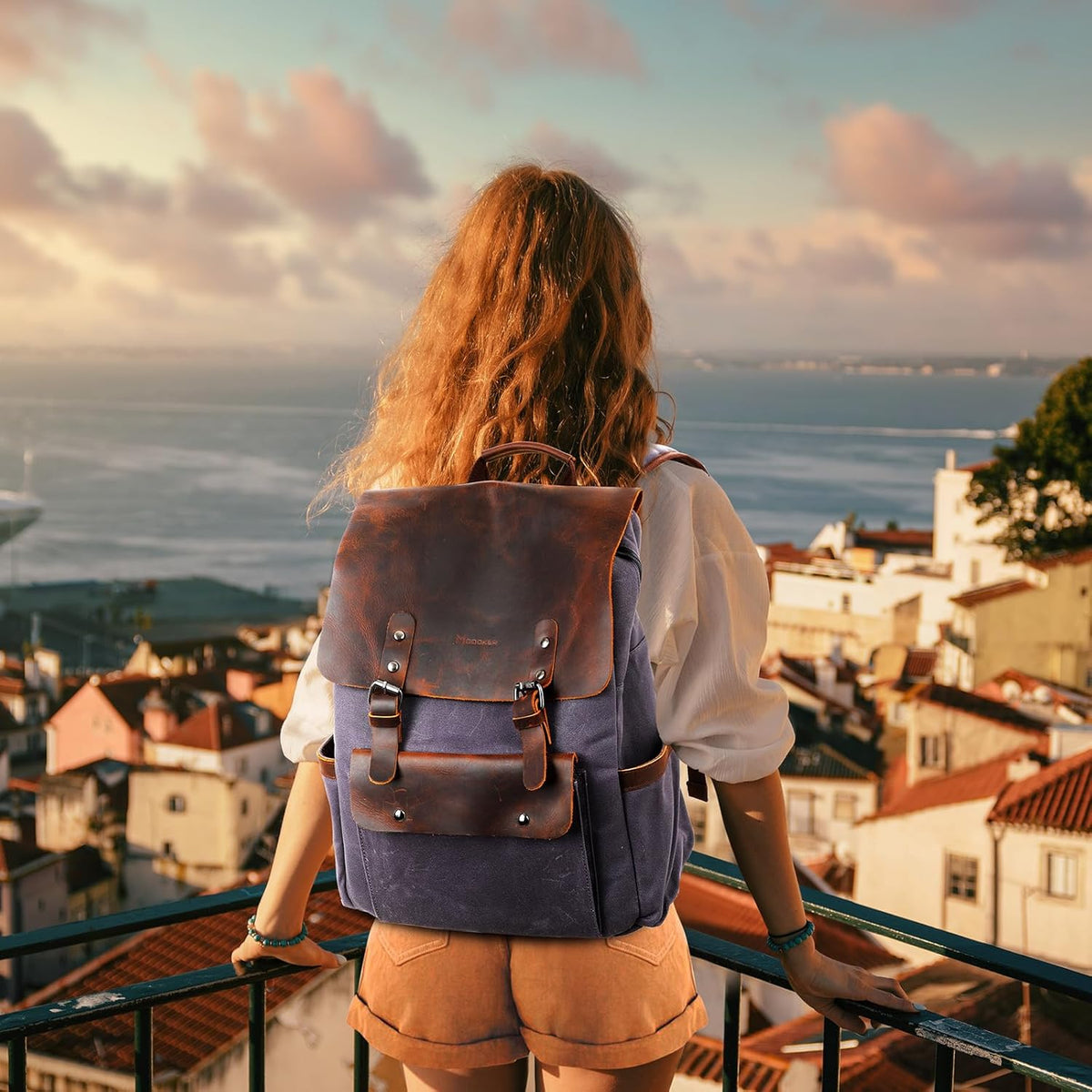 Waxed Canvas Backpack, Leather Rucksack Knapsack for Men Woman Satchel Backpack, Vintage Travel Laptop Backpack 15.6 Inch Retro Flap Backpacks Canvas Casual Daypack Purple