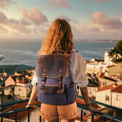 Waxed Canvas Backpack, Leather Rucksack Knapsack for Men Woman Satchel Backpack, Vintage Travel Laptop Backpack 15.6 Inch Retro Flap Backpacks Canvas Casual Daypack Purple
