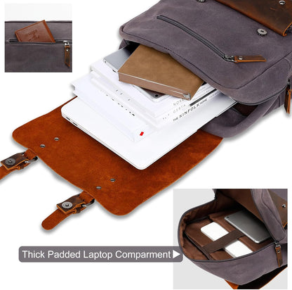 Waxed Canvas Backpack, Leather Rucksack Knapsack for Men Woman Satchel Backpack, Vintage Travel Laptop Backpack 15.6 Inch Retro Flap Backpacks Canvas Casual Daypack Purple