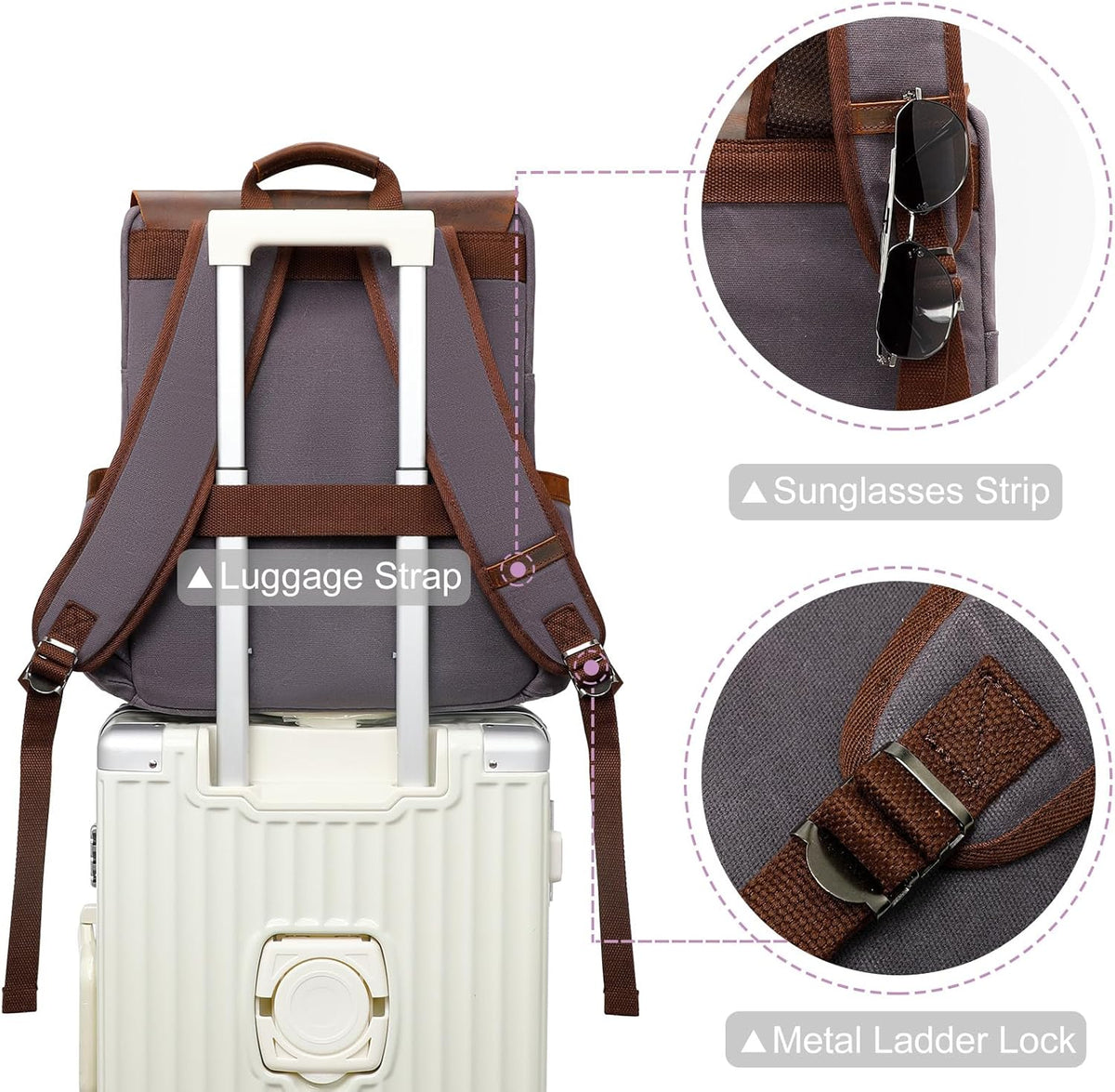 Waxed Canvas Backpack, Leather Rucksack Knapsack for Men Woman Satchel Backpack, Vintage Travel Laptop Backpack 15.6 Inch Retro Flap Backpacks Canvas Casual Daypack Purple