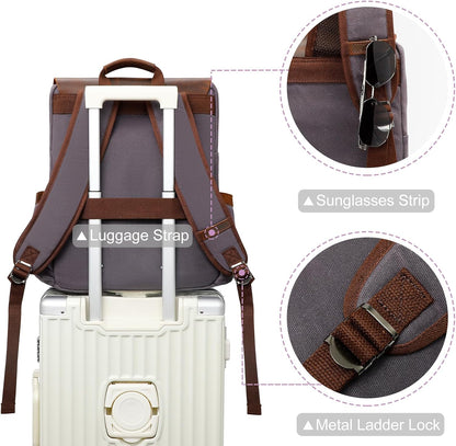 Waxed Canvas Backpack, Leather Rucksack Knapsack for Men Woman Satchel Backpack, Vintage Travel Laptop Backpack 15.6 Inch Retro Flap Backpacks Canvas Casual Daypack Purple