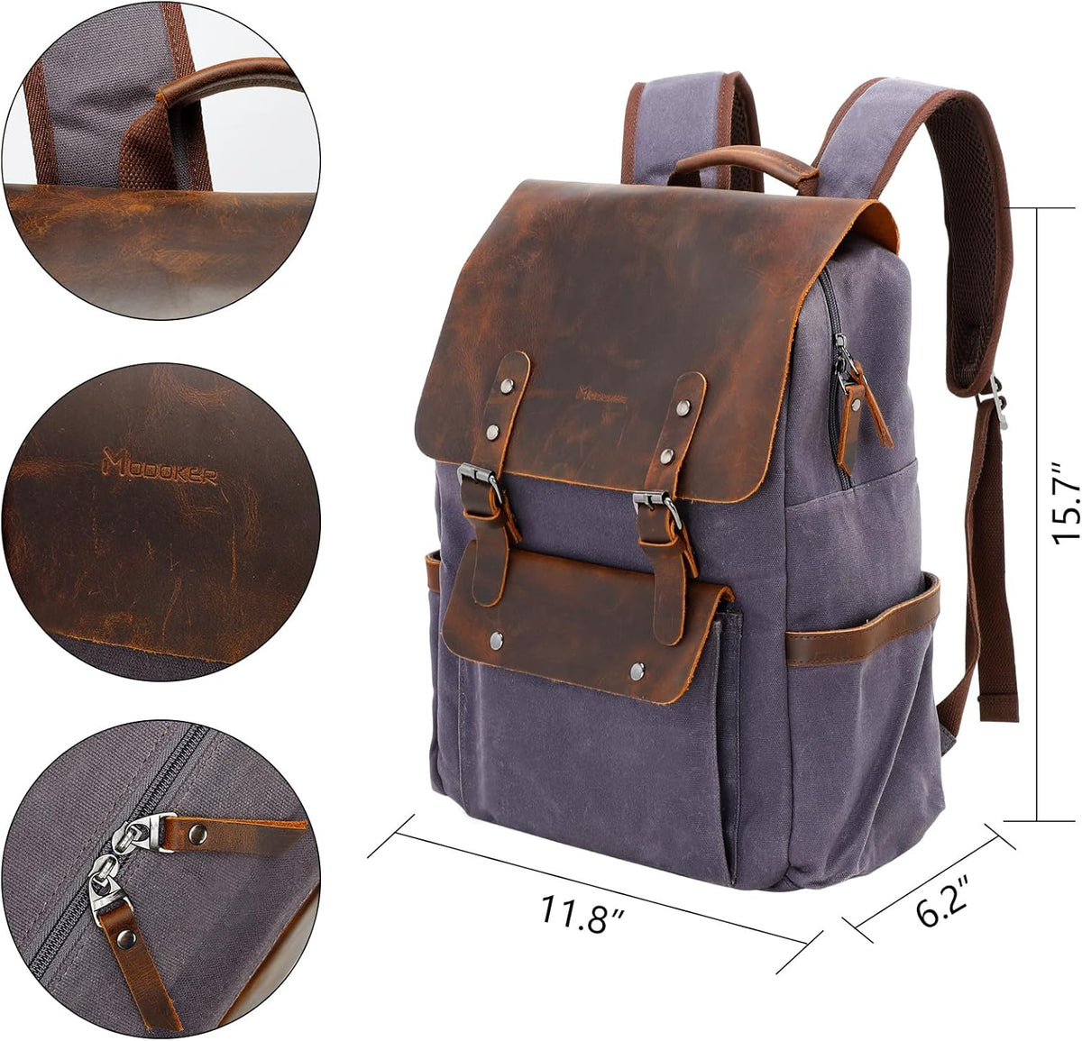 Waxed Canvas Backpack, Leather Rucksack Knapsack for Men Woman Satchel Backpack, Vintage Travel Laptop Backpack 15.6 Inch Retro Flap Backpacks Canvas Casual Daypack Purple