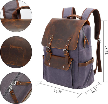Waxed Canvas Backpack, Leather Rucksack Knapsack for Men Woman Satchel Backpack, Vintage Travel Laptop Backpack 15.6 Inch Retro Flap Backpacks Canvas Casual Daypack Purple