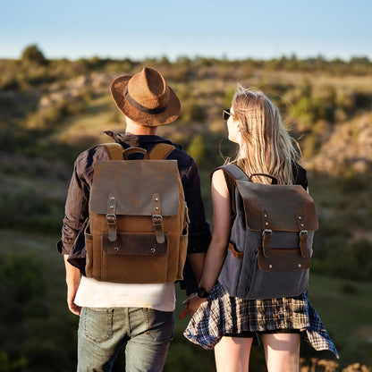Waxed Canvas Backpack, Leather Rucksack Knapsack for Men Woman Satchel Backpack, Vintage Travel Laptop Backpack 15.6 Inch Retro Flap Backpacks Canvas Casual Daypack Purple