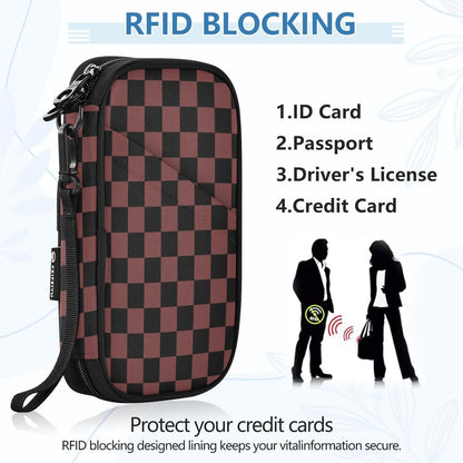 Black Brown Checkered Plaid Passport Holder Family Passport Wallet | for Women Men Rfid Blocking Passport Holders Bag Travel Document Organizer with Zipper