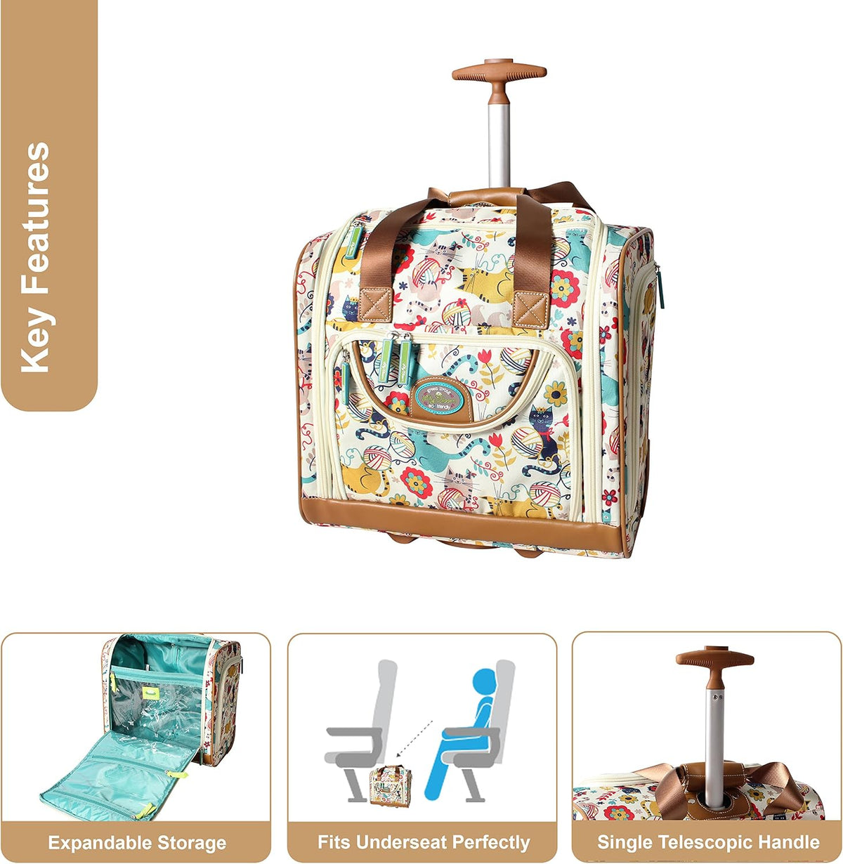 Designer 15 Inch Carry On - Weekender Overnight Business Travel Luggage - Lightweight 2- Rolling Wheels Suitcase - Under Seat Rolling Bag for Women (Furry Friend)