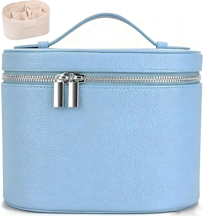 Leather Makeup Bag Organizer with Compartments - Standing Travel Cosmetic Bag for Women, Waterproof Vanity Case with Detachable Divider, Blue Portable Toiletry Bag