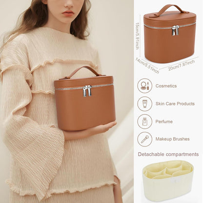 Leather Makeup Bag Organizer with Compartments - Standing Travel Cosmetic Bag for Women, Waterproof Vanity Case with Detachable Divider, Blue Portable Toiletry Bag
