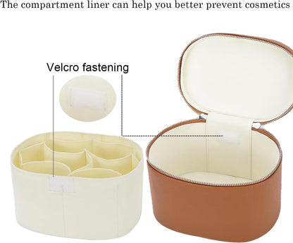 Leather Makeup Bag Organizer with Compartments - Standing Travel Cosmetic Bag for Women, Waterproof Vanity Case with Detachable Divider, Blue Portable Toiletry Bag
