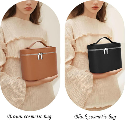 Leather Makeup Bag Organizer with Compartments - Standing Travel Cosmetic Bag for Women, Waterproof Vanity Case with Detachable Divider, Blue Portable Toiletry Bag