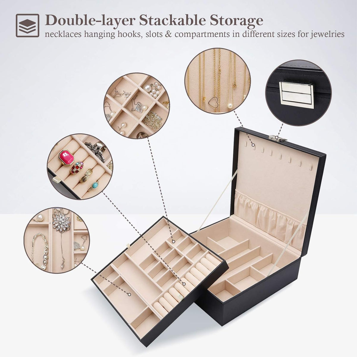 Jewelry Box for Women, 2 Layers Large Leather Jewelry Organizer Storage Case with Removable Pad for Earrings -Black