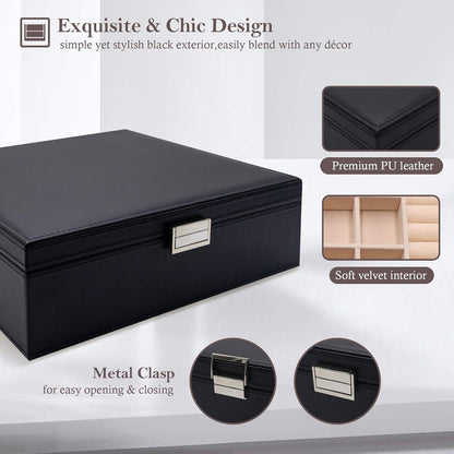 Jewelry Box for Women, 2 Layers Large Leather Jewelry Organizer Storage Case with Removable Pad for Earrings -Black