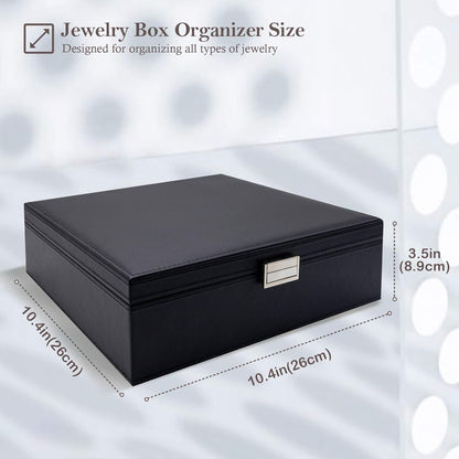 Jewelry Box for Women, 2 Layers Large Leather Jewelry Organizer Storage Case with Removable Pad for Earrings -Black