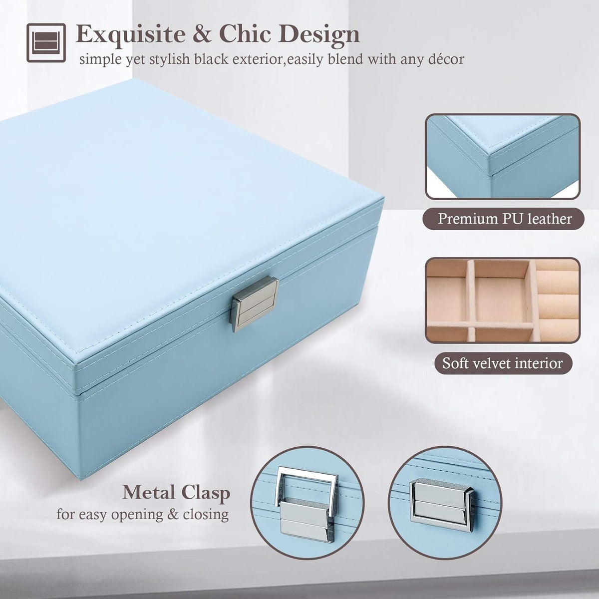 Jewelry Box for Women, 2 Layers Large Leather Jewelry Organizer Storage Case with Removable Pad for Earrings -Black