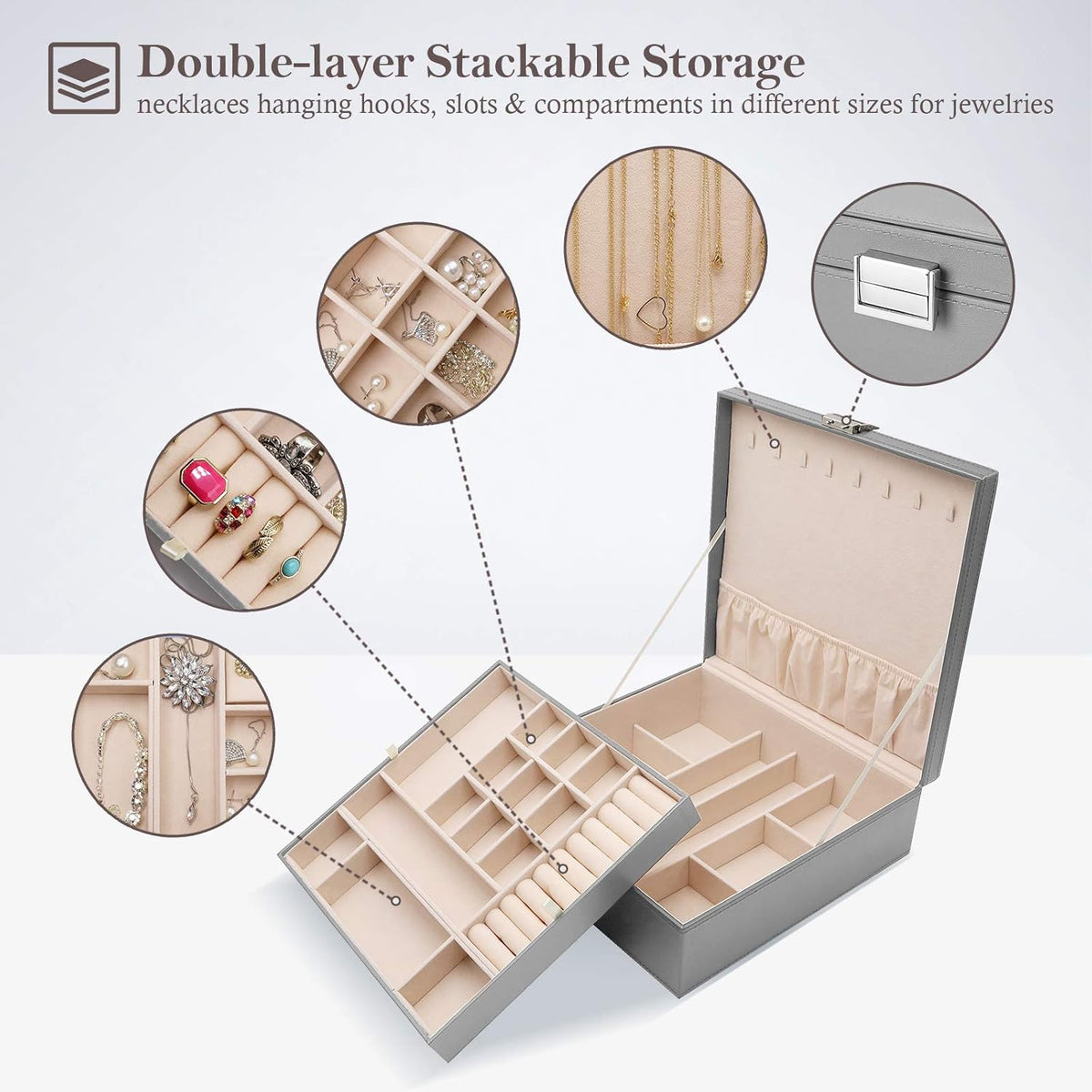 Jewelry Box for Women, 2 Layers Large Leather Jewelry Organizer Storage Case with Removable Pad for Earrings -Black