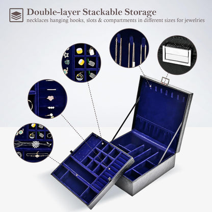 Jewelry Box for Women, 2 Layers Large Leather Jewelry Organizer Storage Case with Removable Pad for Earrings -Black