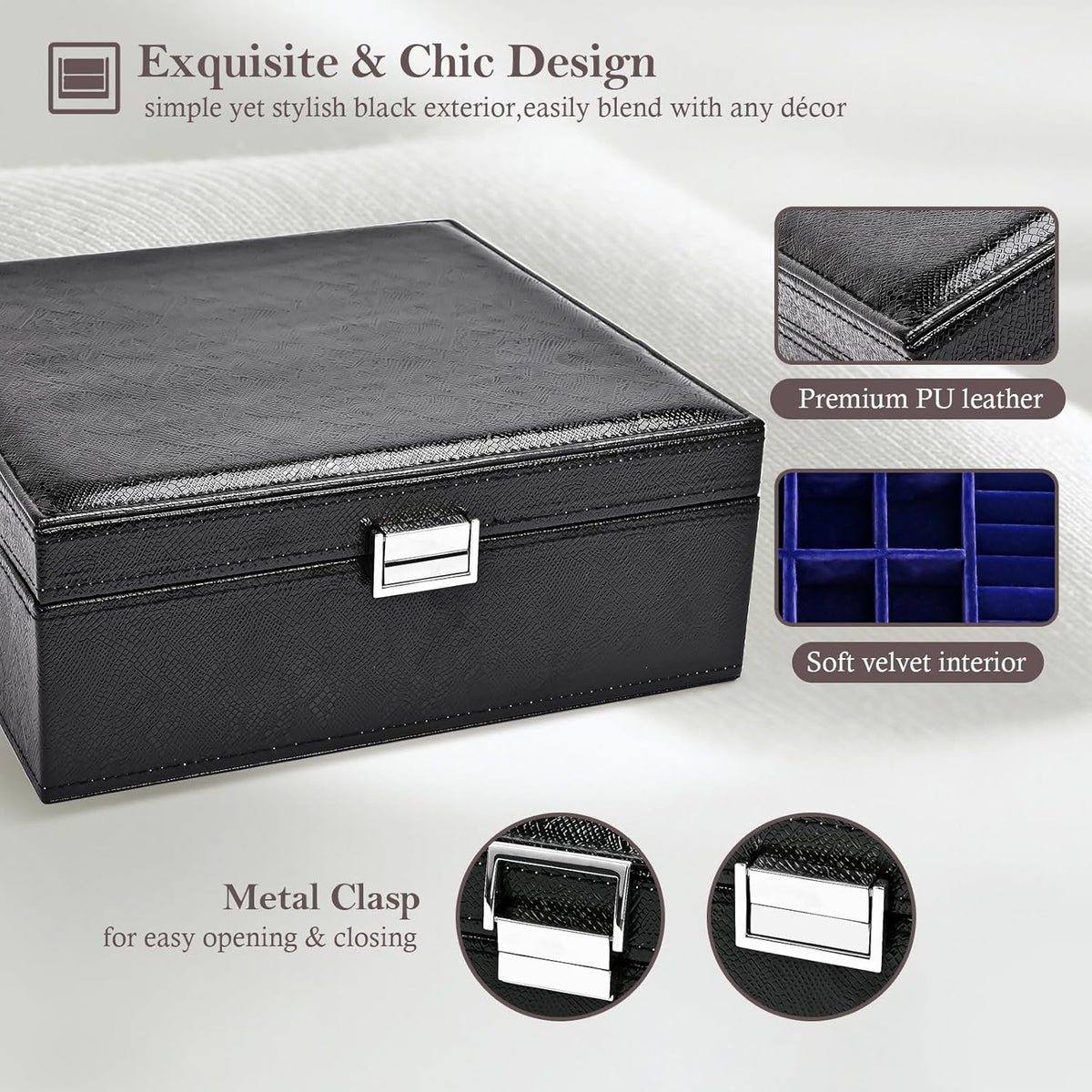 Jewelry Box for Women, 2 Layers Large Leather Jewelry Organizer Storage Case with Removable Pad for Earrings -Black