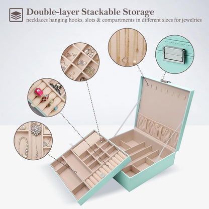Jewelry Box for Women, 2 Layers Large Leather Jewelry Organizer Storage Case with Removable Pad for Earrings -Black