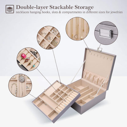Jewelry Box for Women, 2 Layers Large Leather Jewelry Organizer Storage Case with Removable Pad for Earrings -Black