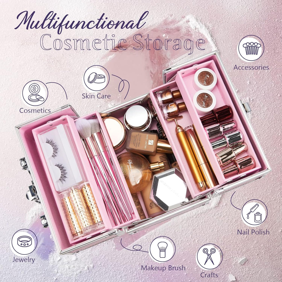 Makeup Train Case 8.85 Inch Portable Makeup Case Organizer Cosmetic Box Make Up Box Makeup Organizer Cosmetic Storage Cases with Locking Nail Kit Organizer Small Travel Case Mermaid Pink