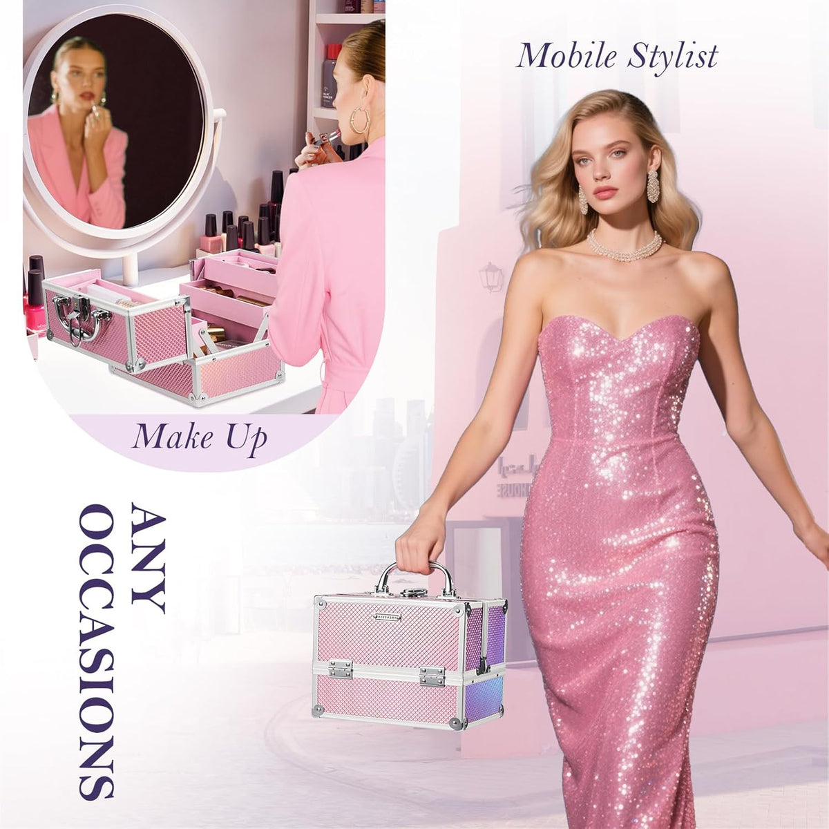 Makeup Train Case 8.85 Inch Portable Makeup Case Organizer Cosmetic Box Make Up Box Makeup Organizer Cosmetic Storage Cases with Locking Nail Kit Organizer Small Travel Case Mermaid Pink