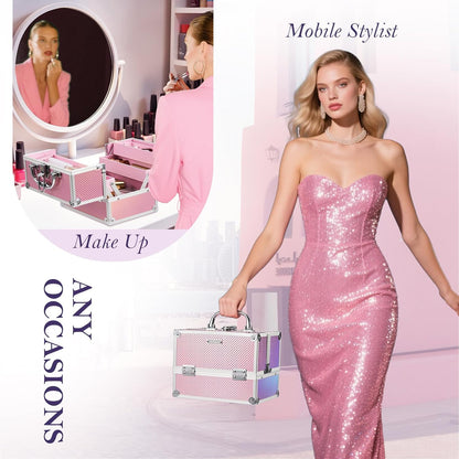 Makeup Train Case 8.85 Inch Portable Makeup Case Organizer Cosmetic Box Make Up Box Makeup Organizer Cosmetic Storage Cases with Locking Nail Kit Organizer Small Travel Case Mermaid Pink