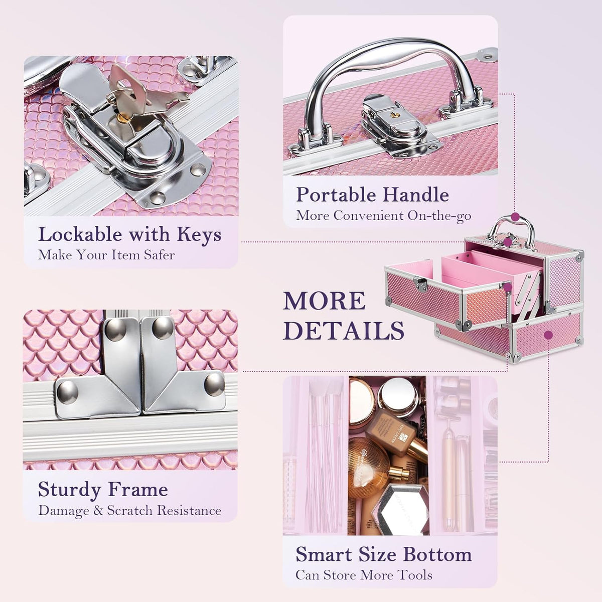 Makeup Train Case 8.85 Inch Portable Makeup Case Organizer Cosmetic Box Make Up Box Makeup Organizer Cosmetic Storage Cases with Locking Nail Kit Organizer Small Travel Case Mermaid Pink