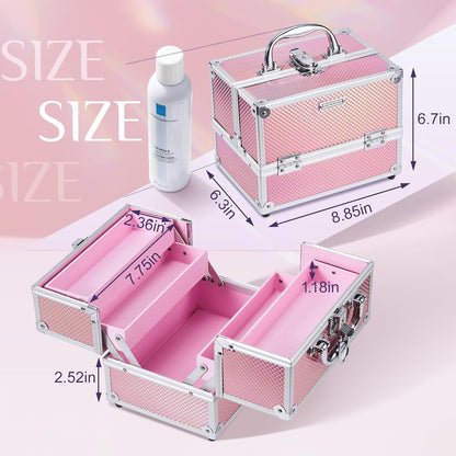 Makeup Train Case 8.85 Inch Portable Makeup Case Organizer Cosmetic Box Make Up Box Makeup Organizer Cosmetic Storage Cases with Locking Nail Kit Organizer Small Travel Case Mermaid Pink