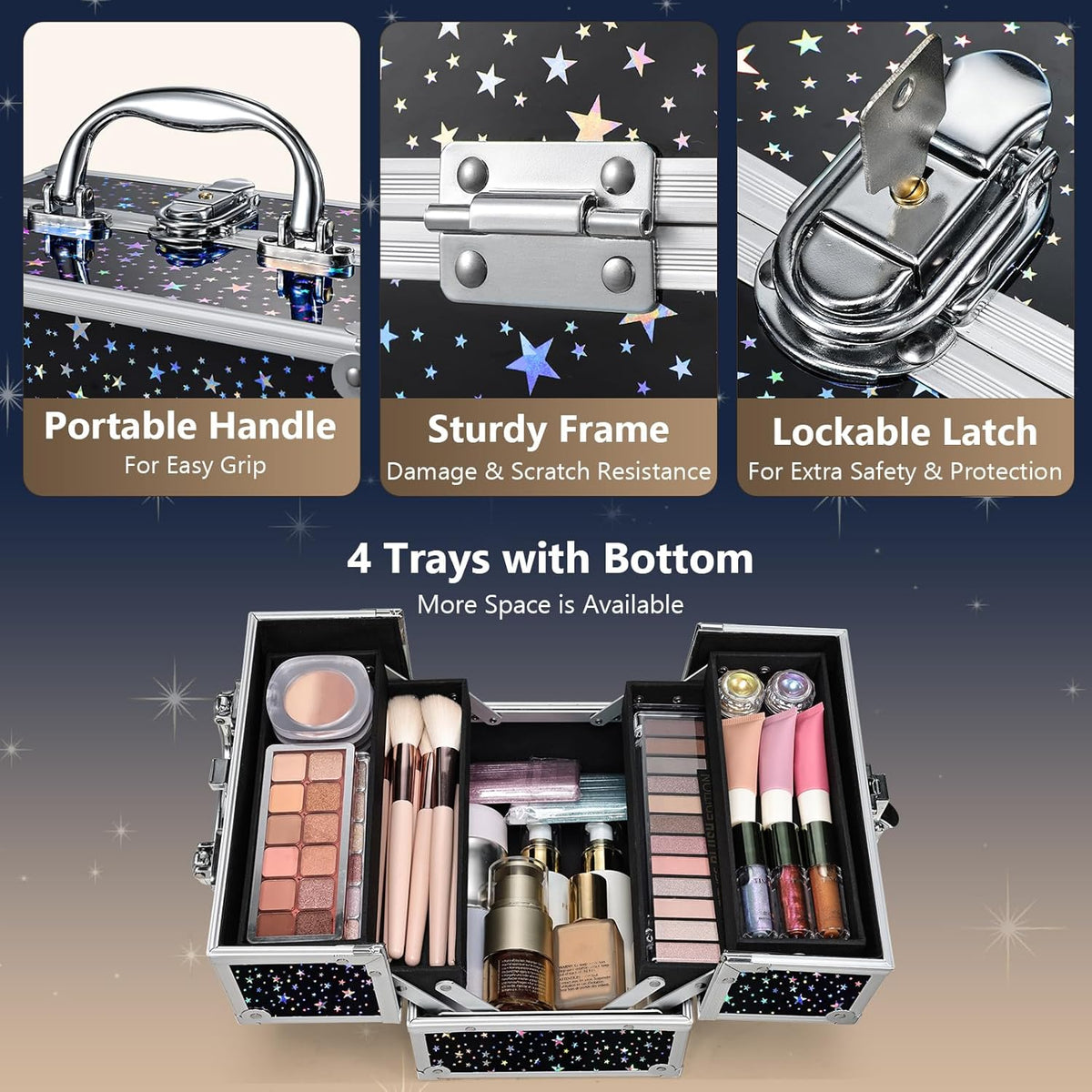 Makeup Train Case 8.85 Inch Portable Makeup Case Organizer Cosmetic Box Make Up Box Makeup Organizer Cosmetic Storage Cases with Locking Nail Kit Organizer Small Travel Case Mermaid Pink
