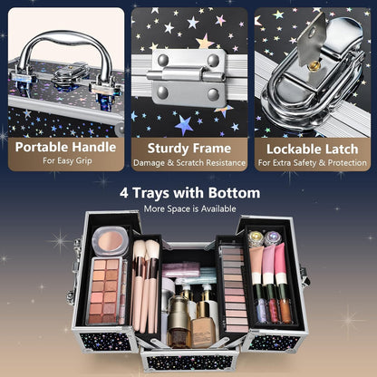 Makeup Train Case 8.85 Inch Portable Makeup Case Organizer Cosmetic Box Make Up Box Makeup Organizer Cosmetic Storage Cases with Locking Nail Kit Organizer Small Travel Case Mermaid Pink