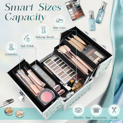 Makeup Train Case 8.85 Inch Portable Makeup Case Organizer Cosmetic Box Make Up Box Makeup Organizer Cosmetic Storage Cases with Locking Nail Kit Organizer Small Travel Case Mermaid Pink
