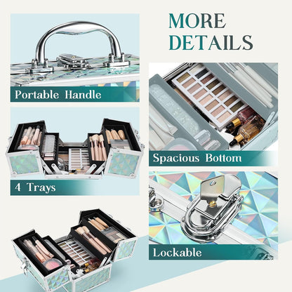 Makeup Train Case 8.85 Inch Portable Makeup Case Organizer Cosmetic Box Make Up Box Makeup Organizer Cosmetic Storage Cases with Locking Nail Kit Organizer Small Travel Case Mermaid Pink