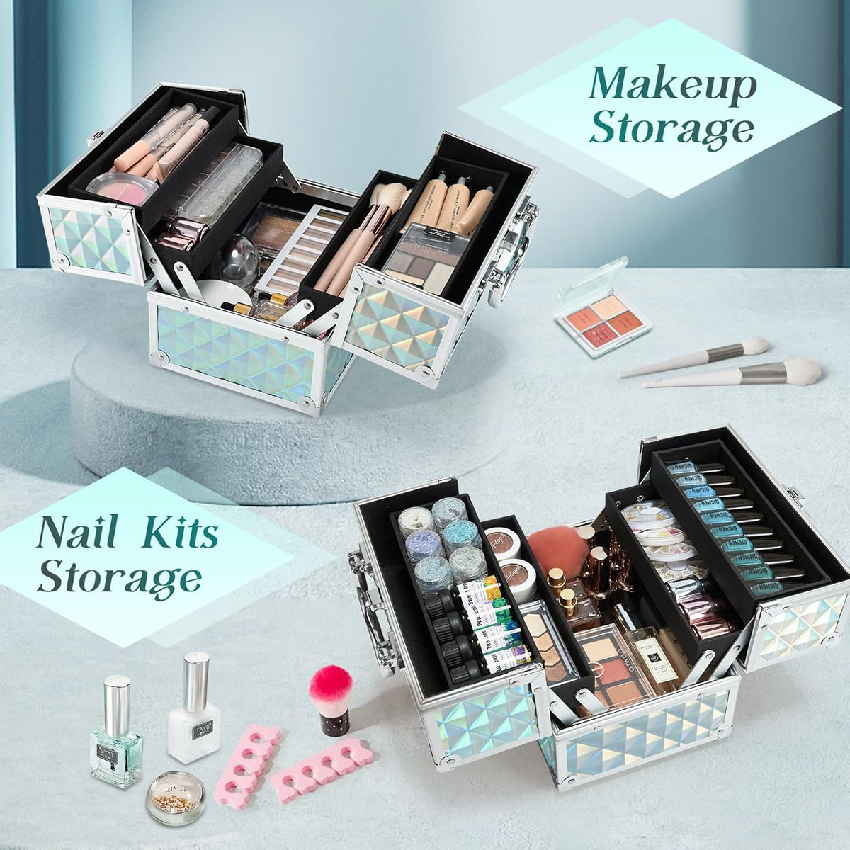 Makeup Train Case 8.85 Inch Portable Makeup Case Organizer Cosmetic Box Make Up Box Makeup Organizer Cosmetic Storage Cases with Locking Nail Kit Organizer Small Travel Case Mermaid Pink
