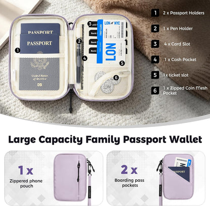 Passport Holder for Travel Women, Family Passport Bag, Travel Document Organizer Case, RFID Blocking Protector Book Wallet for Men, Waterproof Cover Essentials for Credit Cards (Purple, M)